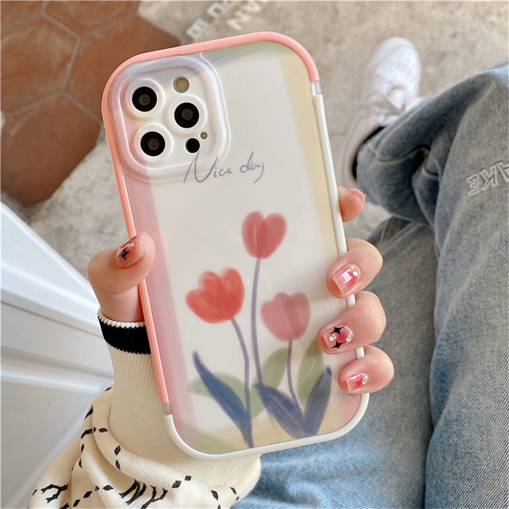 Ốp điện thoại silicon TPU mềm mã Cxh4 in họa tiết hoa hai màu thích hợp cho iPhone