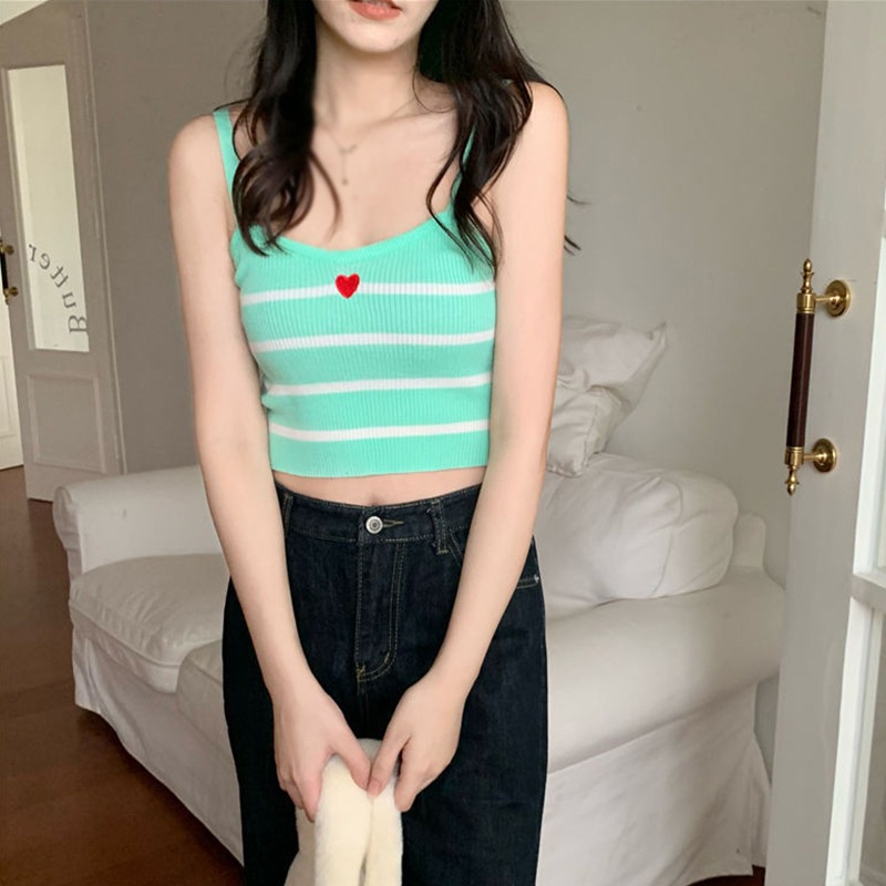 Áo Croptop Dệt Kim Cổ Chữ V Thêu Họa Tiết Trái Tim Thời Trang Cho Nữ