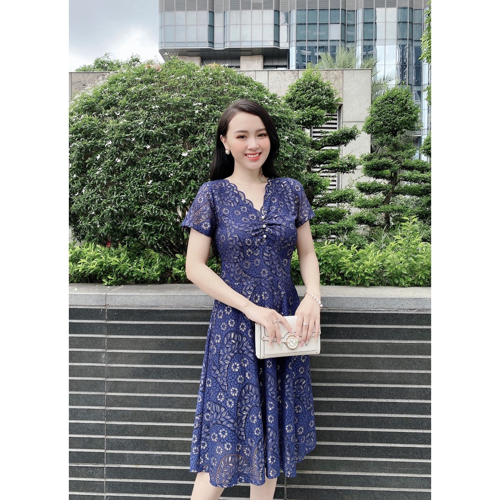 ĐẦM REN CỔ V PHỐI NGỌC - DAM 0020