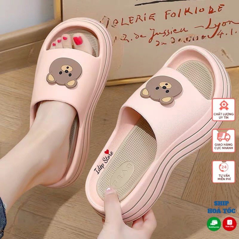 𝐢𝐃É𝐏 𝐃𝐋𝟐𝟒𝟐 Dép bánh mì cross baya nữ hình mặt Gấu cute đế xuồng cao 5cm gợn sóng siêu nhẹ