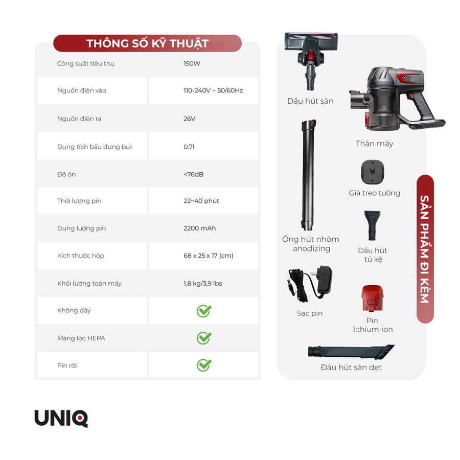 Đầu giường đệm sofa có động cơ dành cho máy hút bụi cầm tay không dây gia đình UNIQ Free A7 Ultra mini nệm lông thú cưng