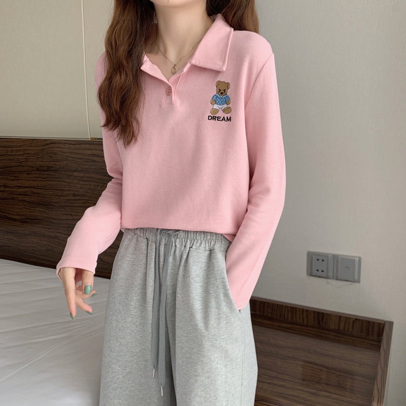 Áo polo Tay Dài Dáng Rộng Thêu Hình Gấu Dễ Thương JL-TX-540