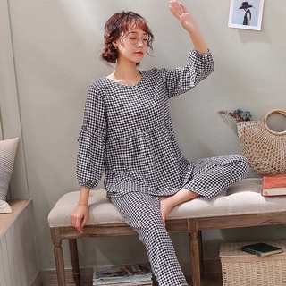 Bộ mặc nhà nữ tay dài dáng rộng kẻ sọc dễ thương