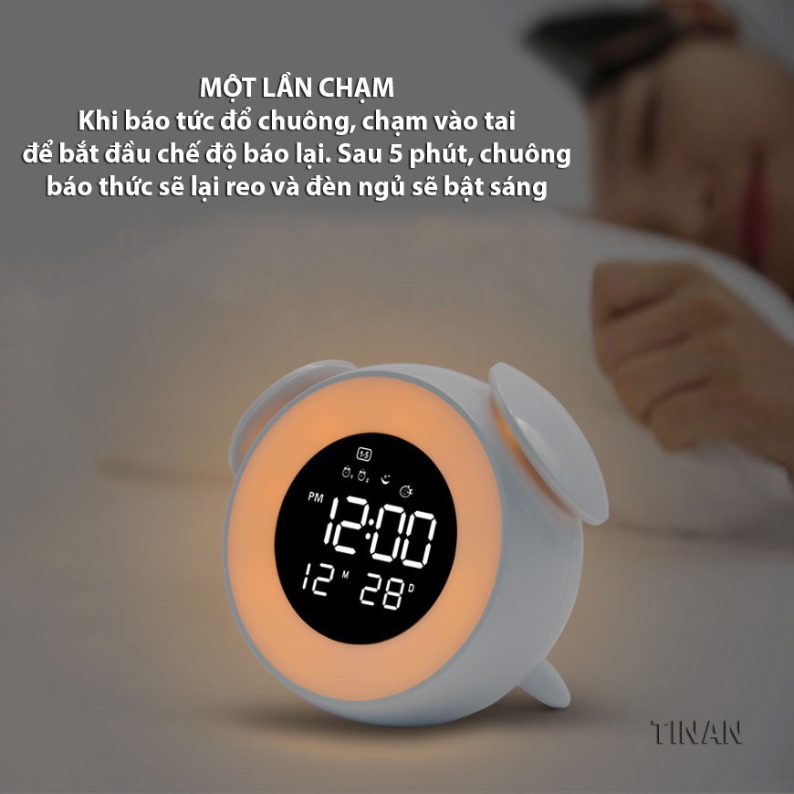 Đồng Hồ Báo Thức Có Đèn Ngủ LED Tròn XM908, Điều Khiển Chạm Cảm Ứng