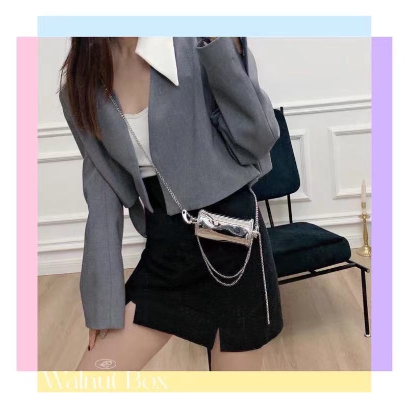 Túi đeo chéo mini thiết kế tròn màu bạc/ vàng/ đen dây xích phong cách đặc biệt thời trang