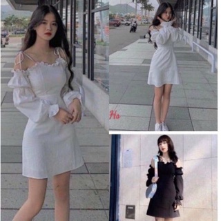 váy body trắng 2 dây trễ vai tay bồng nữ đẹp dáng dài ôm mẫu đầm babydoll dự tiệc nữ xinh 011