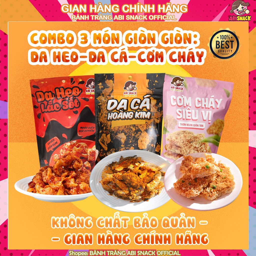 COMBO 3 BỊCH GIÒN GIÒN bánh tráng ABI 1 da heo lắc sốt 1 cơm cháy siêu vị 1 da cá túi zip thực phẩm và đồ uố