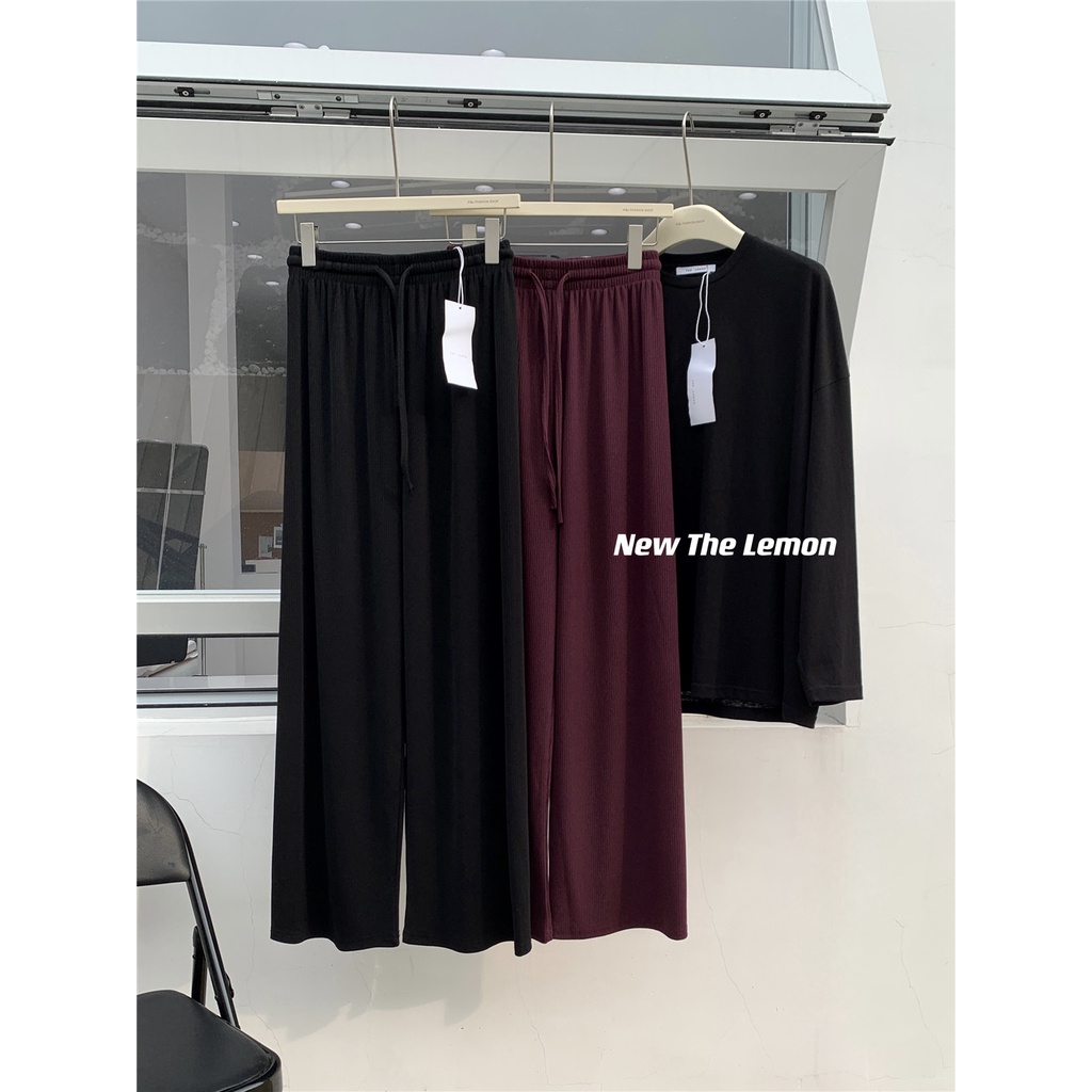 SUXI Quần Dài Lưng Cao Ống Rộng Màu Sắc Đơn Giản Phong Cách Hàn Quốc