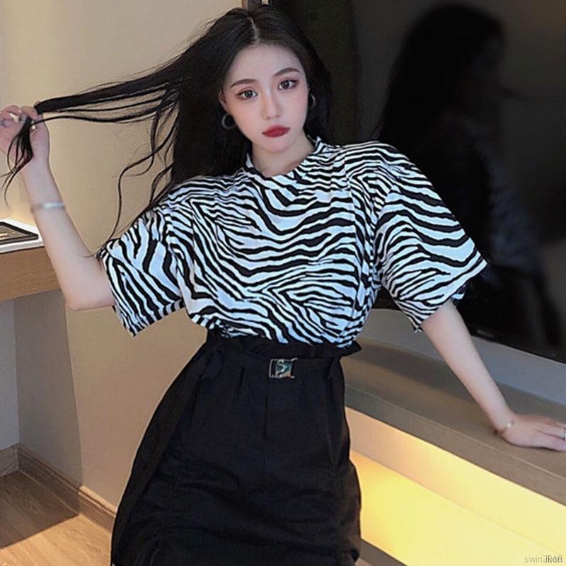 Áo Thun Nữ Ngắn Tay Họa Tiết Ngựa Vằn Thời Trang