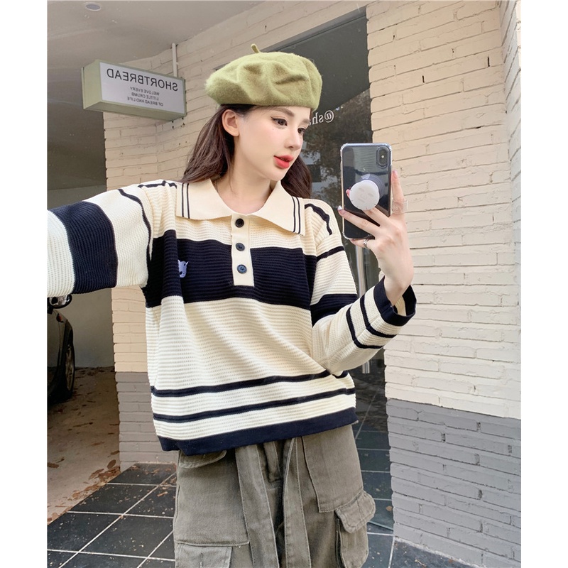 Áo polo ZHELIHANGFEI dệt kim tay dài dáng rộng họa tiết sọc phong cách preppy Mỹ sành điệu