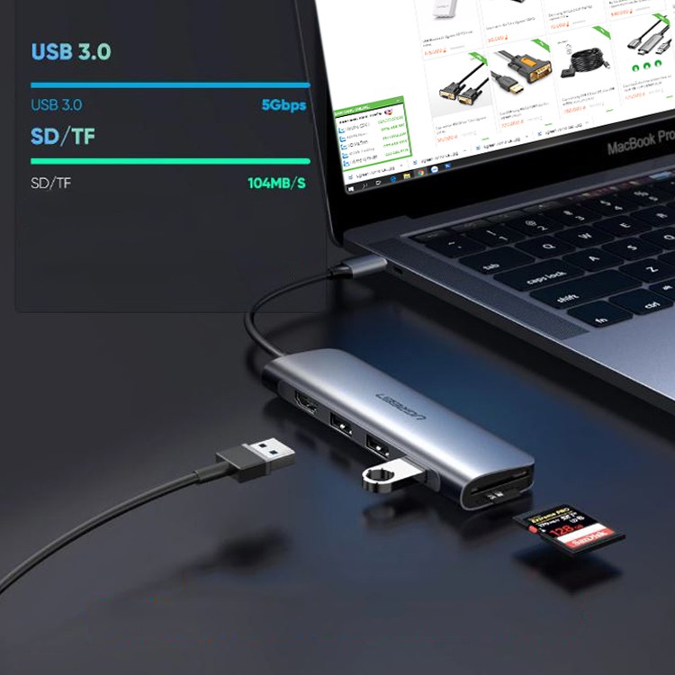 [Mã 66ELHASALE hoàn 7% đơn 500K] Cáp USB Type C To HDMI, USB 3.0, Đọc Thẻ SD/TF Ugreen 70410