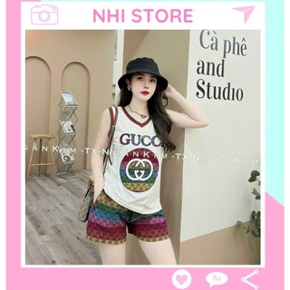 Set Bộ Thun Nữ Nhistore Áo Thun Cotton Sát Nách Thêu Phối Quần Thun Lạnh In 3D Sọc Nhiều Màu 45-65kg