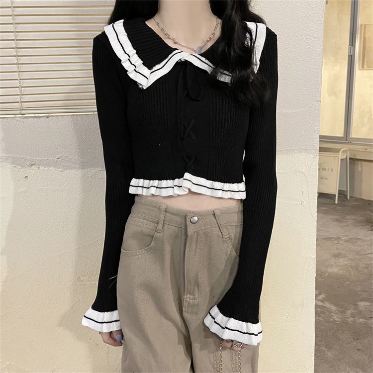 Áo sweater Dệt Kim Mỏng Tay Dài Cổ Búp Bê Xinh Xắn Cho Nữ edge