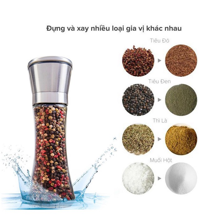 Lọ xay tiêu inox 304 thân thủy tinh cao cấp