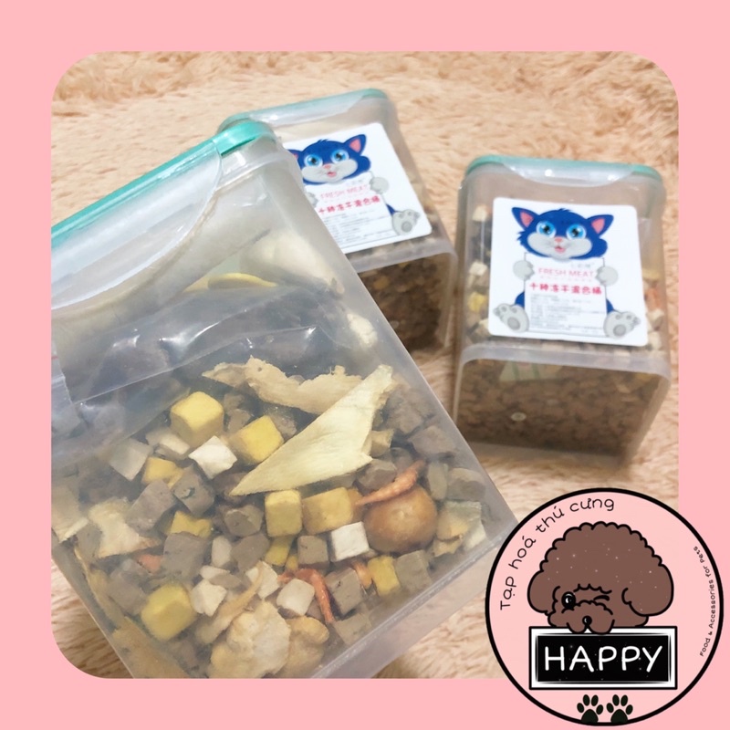 Thùng thịt sấy 10 món cho thú cưng / Hỗn hợp 10 loại thức ăn sấy khô cho chó mèo hộp 650g / Chim cút lòng đỏ ức gà
