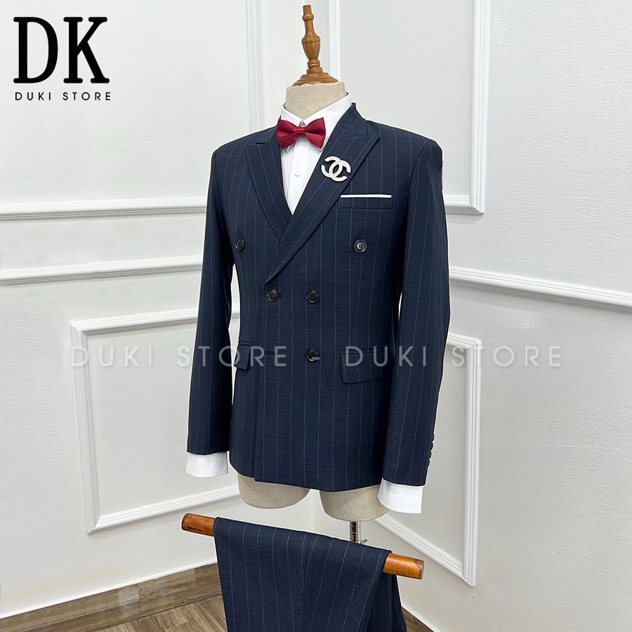 Bộ vest nam 6 nút Hàn Quốc sọc kẻ xanh than đẹp DKE0060 - DUKI STORE