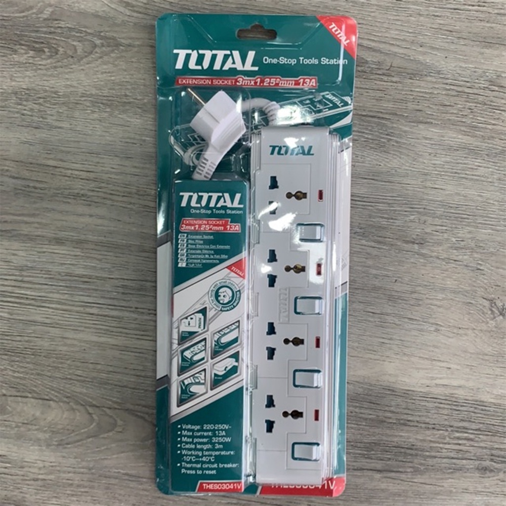 Ổ Cắm Điện Đa Năng TOTAL THES03041V 4 ổ cắm công tắc riêng 13A tải 3250W Dây đồng 3m chống cháy, quá tải, chống giật