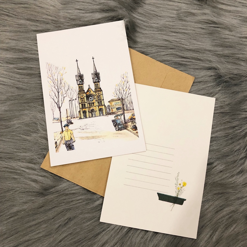 Postcard, Thiệp chúc mừng, Tranh trang trí BST Sài Gòn xưa, 10CMx15CM kèm bao thư Kraft