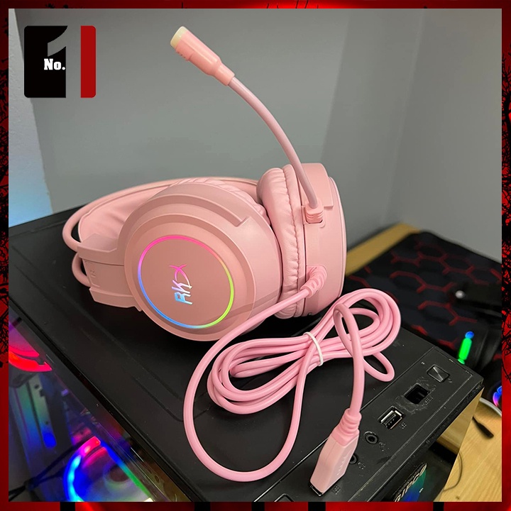 Tai Nghe Headphone Gaming Chụp Tai Màu Hồng RKX 7.1 Led RGB Tai Nghe Máy Tính Laptop Nghe Nhạc Có Mic