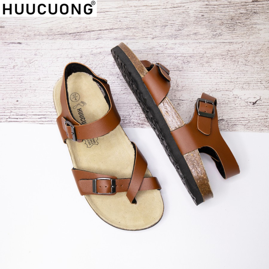 Giày Sandal Unisex HuuCuong xỏ ngón pu nâu đế trấu