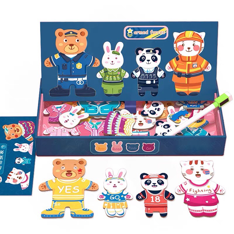 Trò chơi ghép hình thay trang phục gia đình gấu kèm bút viết bảng