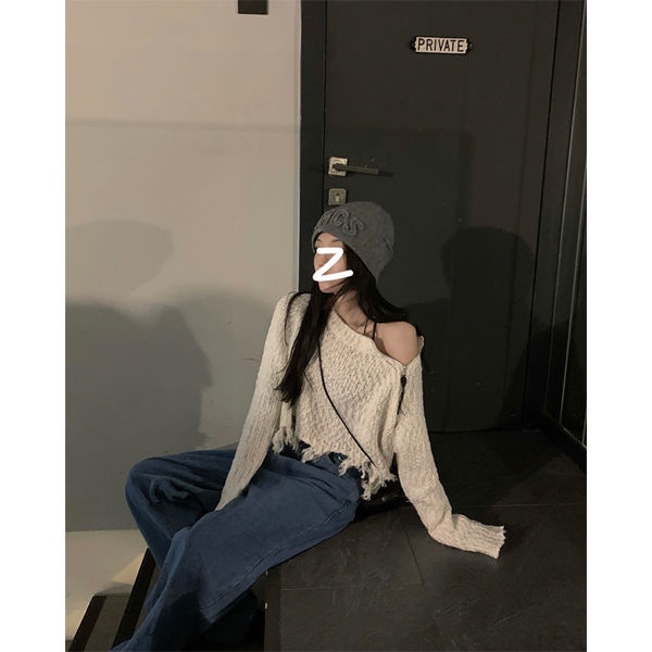 ▧∋✜Áo Sweater Dáng Rộng Tay Dài Lệch Vai Phối Khóa Kéo Thời Trang Mùa Xuân Hàng Mới 2022 Dành Cho Bạn Nữ