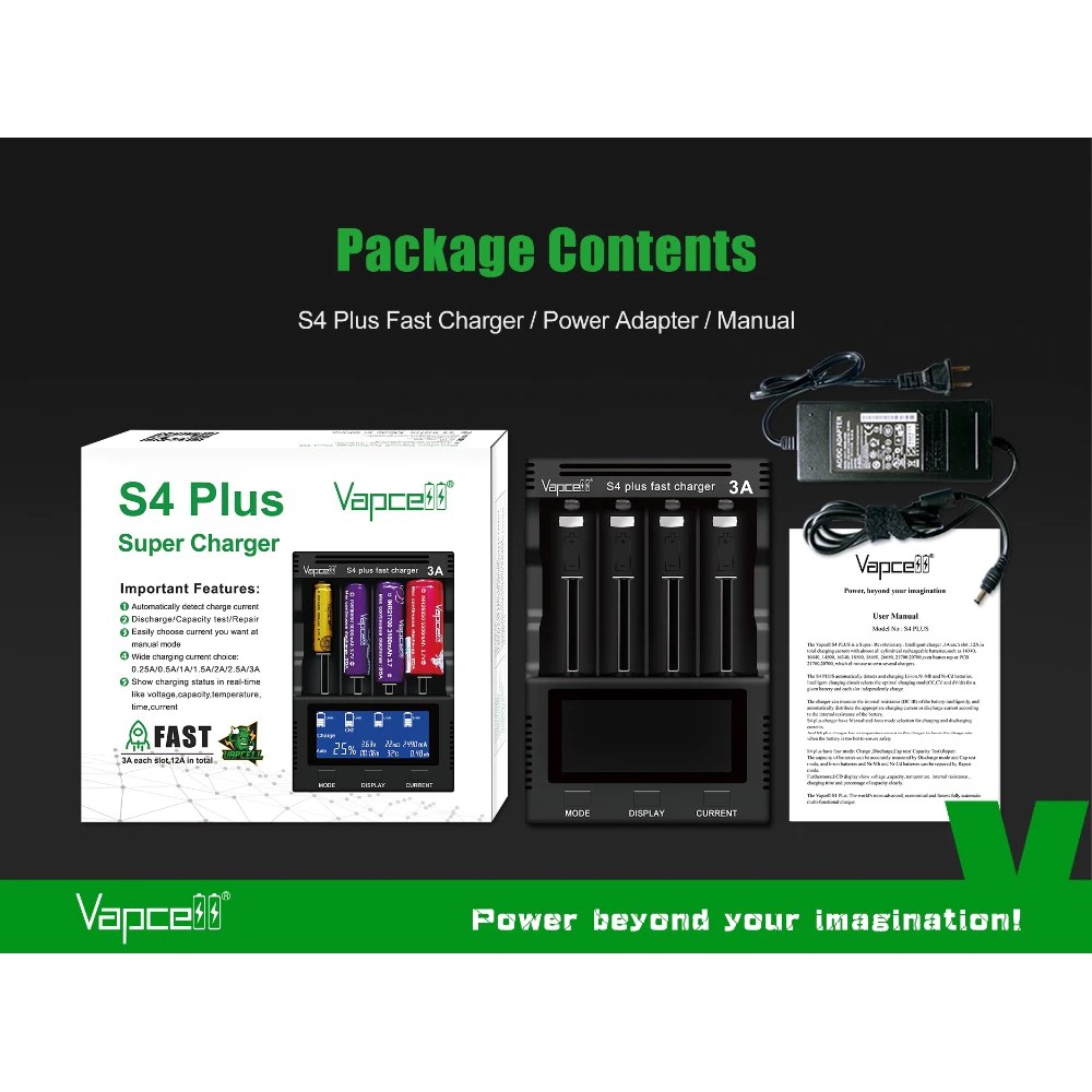 Bộ sạc nhanh Vapcell S4 Plus 3A 4 Khe Tổng 12A đo pin, chữa pin