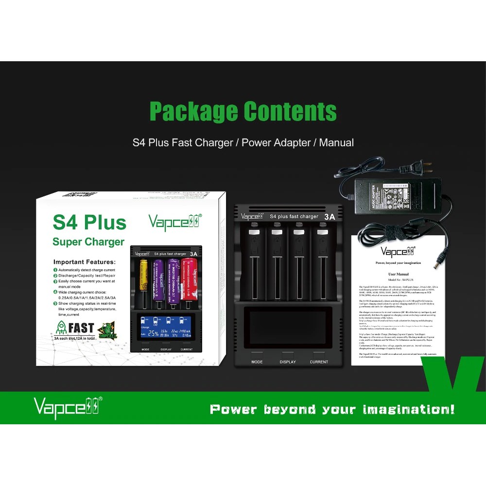 [S16] Bộ sạc nhanh Vapcell S4 Plus 3A 4 Khe Tổng 12A đo pin, chữa pin