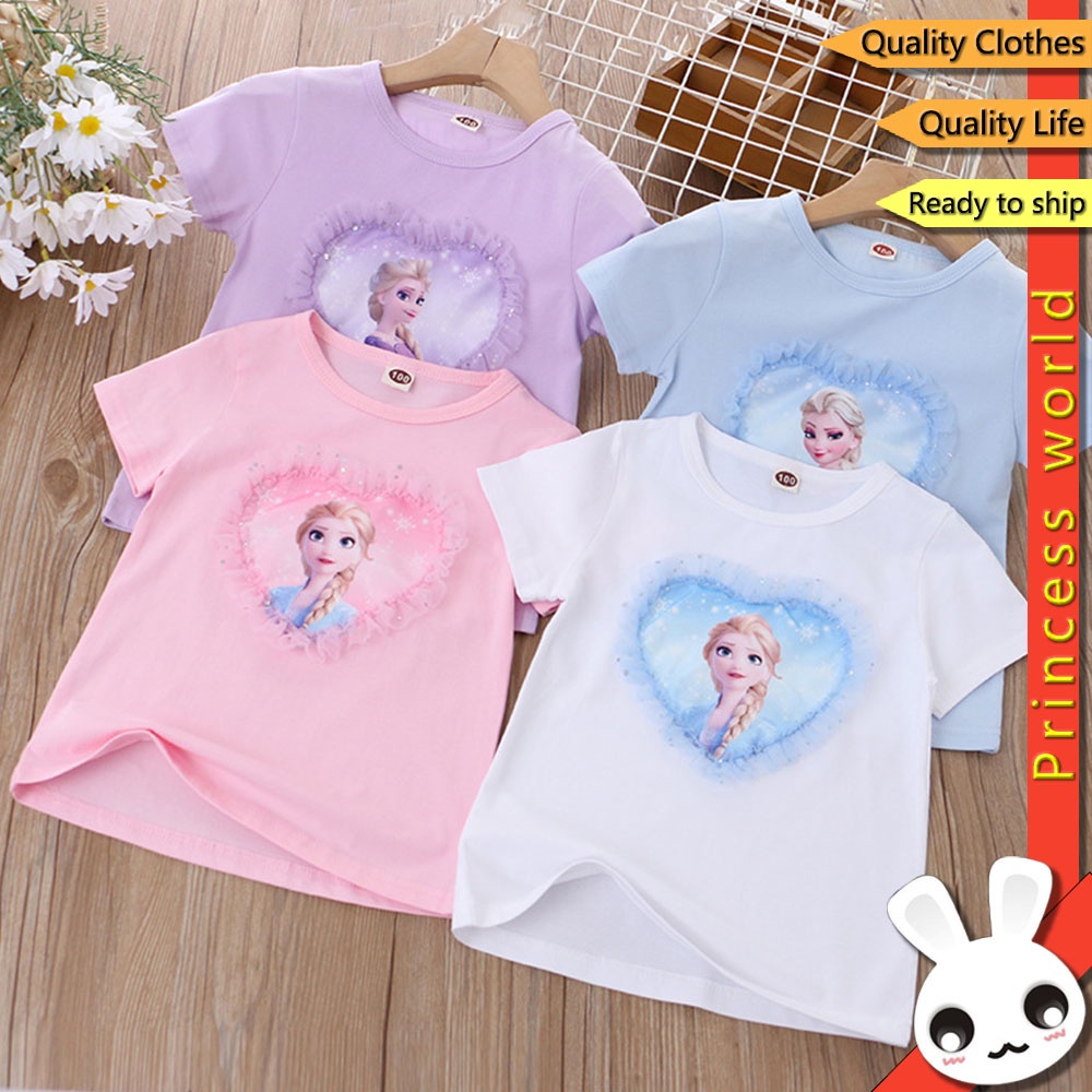DISNEY Áo Thun Cotton Tay Ngắn Phối Ren Hình Công Chúa Băng Giá Elsa Dành Cho Bé Gái 2022 Mới 1-8 Tuổi