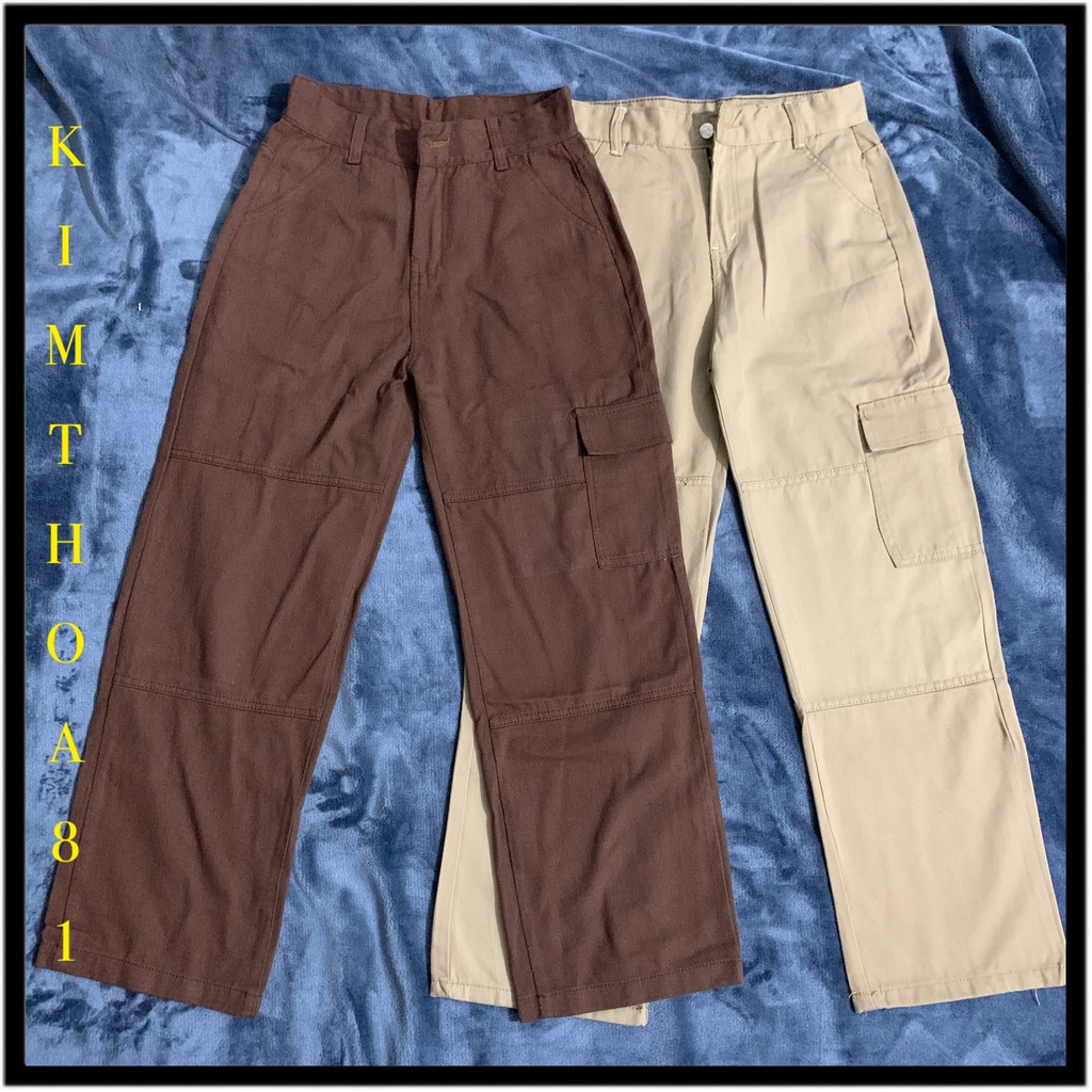 Quần kaki túi hộp ống rộng, quần jeans ống đứng dáng suông nữ cạp cao màu nâu hottrend