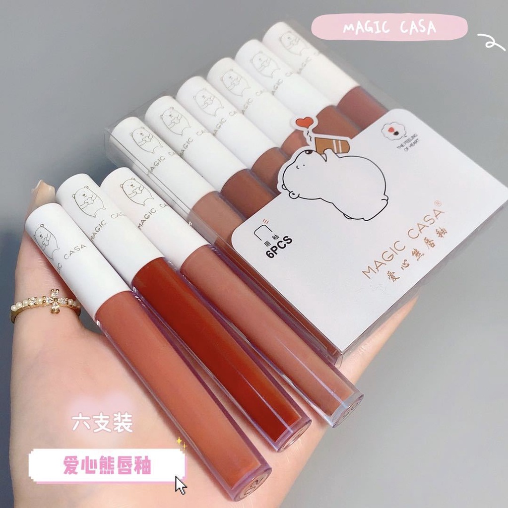 [ SÉT 6 Thỏi  ] Love Bear Lip Glaze Set Velvet - Hàng Cao Cấp  KHÔNG PHAI - Son môi Student Lip Clay