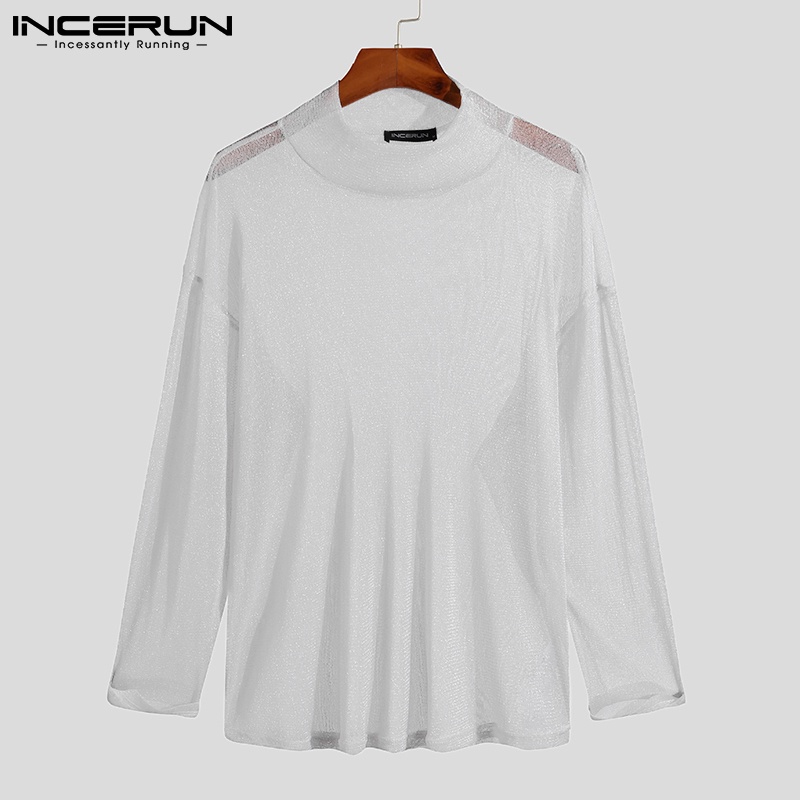 Áo thun INCERUN tay dài phối lưới xuyên thấu màu sắc đơn giản dành cho nam