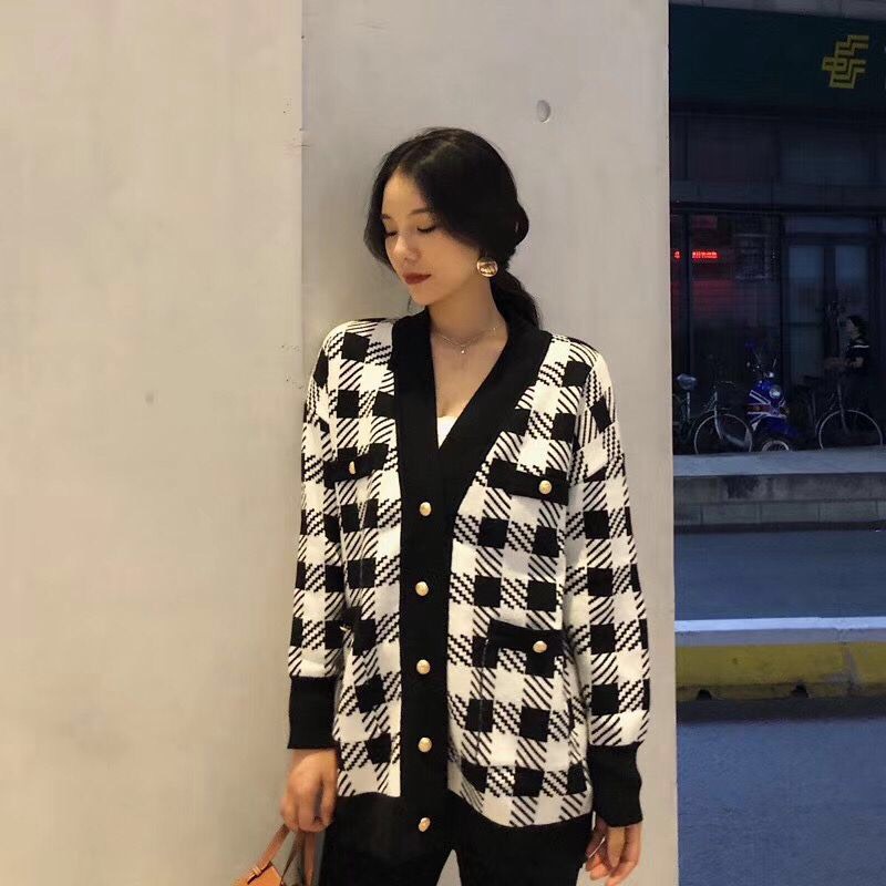 Áo khoác Cardigan Forgirl ô vuông phối sọc dáng rộng