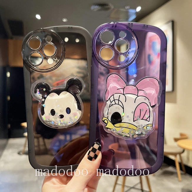 Clear Casing For iPhone 14 Pro Max 14Pro 14Plus 14ProMax 13 12 Mini Cute Snoopy Mickey Minnie Donald Duck Daisy Couple Quicksand Stand Round Airbag Shockproof Clear Soft Phone Case Full Fine Hole Protection Back Cover NKS 13