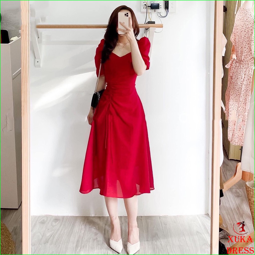 Đầm váy nữ thiết kế midi màu đỏ cổ tim rút dây eo hông chất Voon Tơ 2 lớp xinh đẹp.