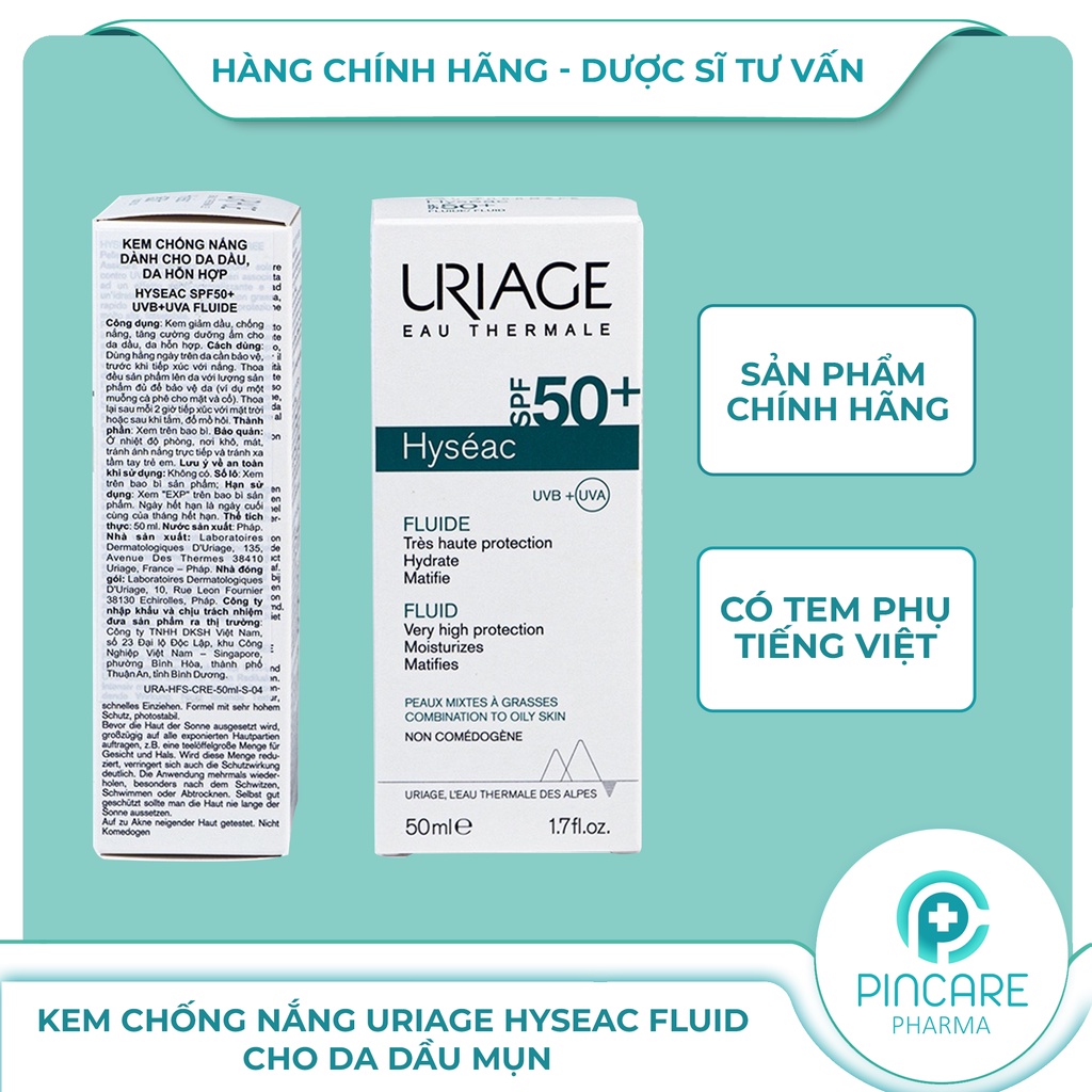 Kem chống nắng cho da dầu mụn Uriage Hyseac Fluide SPF50 50ml - Hàng chính hãng - Nhà thuốc PinCare