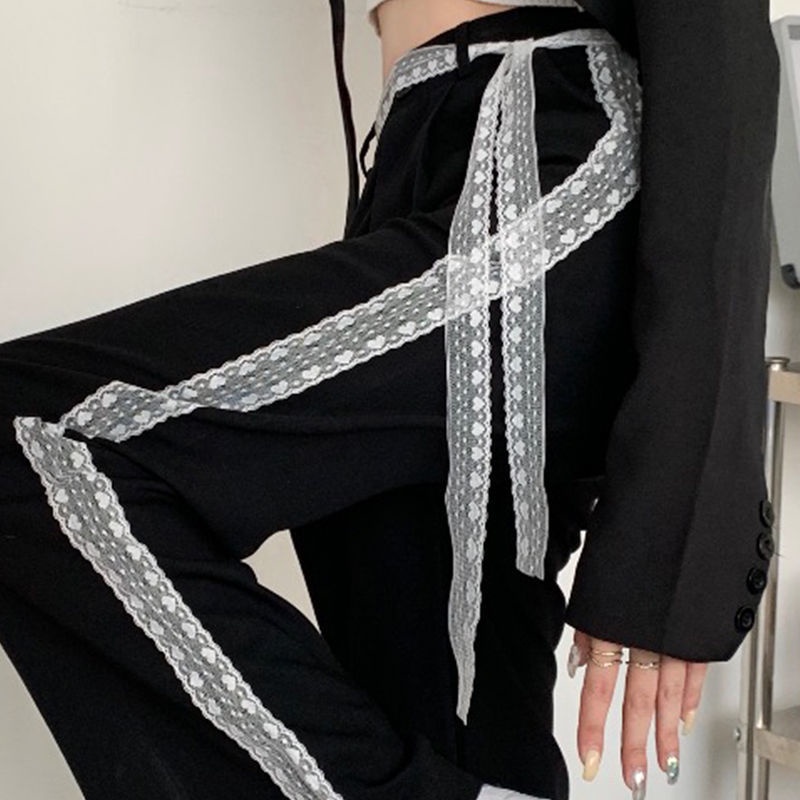 Quần dài lưng cao dáng rộng phối ren thiết kế trẻ trung cho nữ