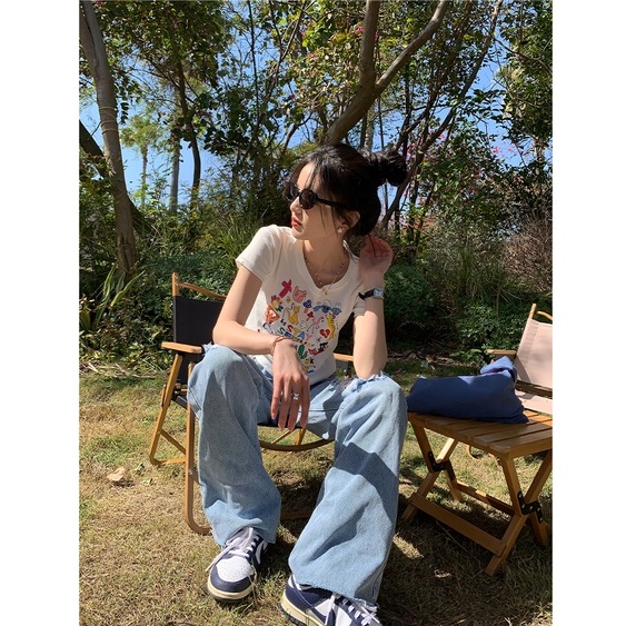 Áo Thun Tay Ngắn Cổ Tròn Màu Đen In Họa Tiết Hoạt Hình Phong Cách Hàn Quốc Thời Trang Cho Nữ