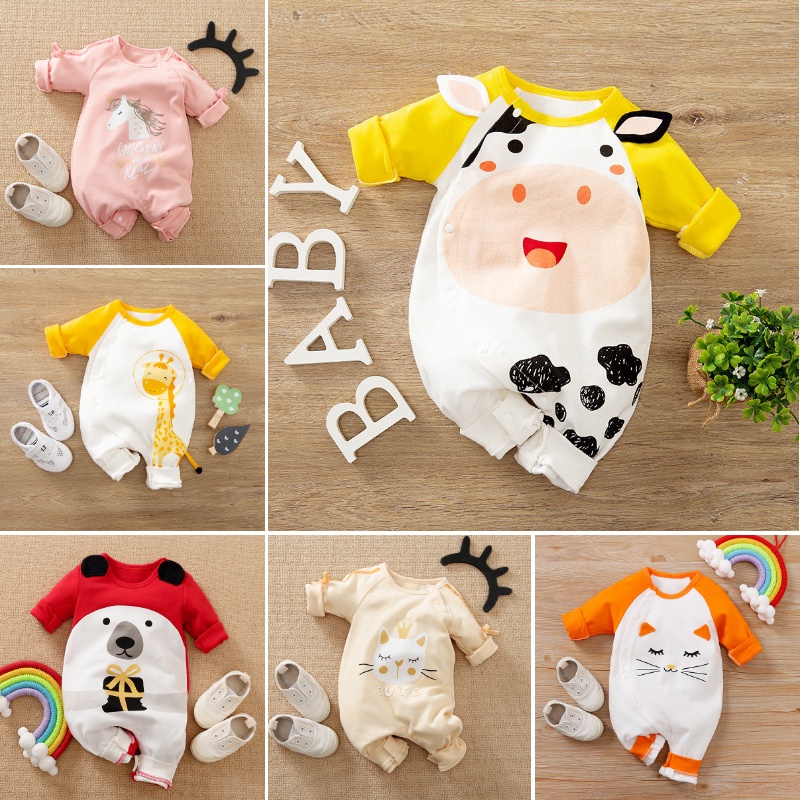 Bộ Áo Liền Quần Cotton Tay Dài In Hình Kỳ Lân Hoạt Hình Dễ Thương Cho Bé 0-24 Tháng Tuổi