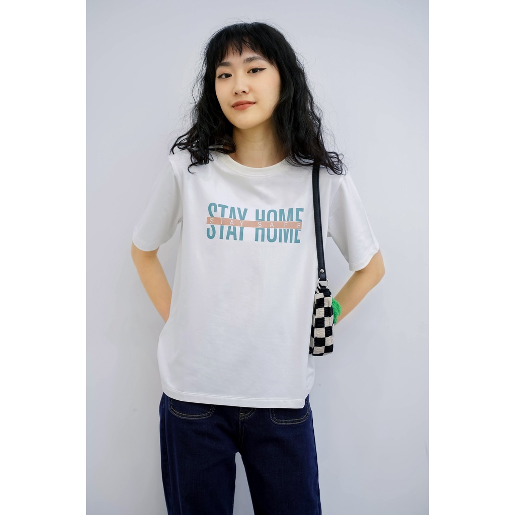 Áo thun tay lỡ Méo shop phông nữ cổ tròn cotton in chữ Stay home freesize form rộng
