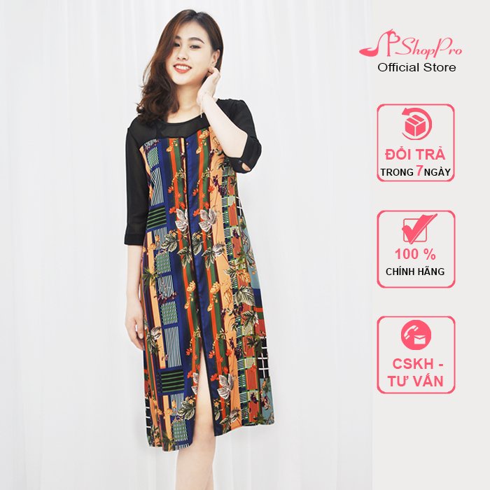 SHOPPRO - THỜI TRANG TRUNG NIÊN - ĐẦM SUÔNG TRUNG NIÊN KIỂU ĐẦM SUÔNG IN HỌA TIẾT HOA LÁ TAY LỠ PHỐI VOAN 3071 3180 3222