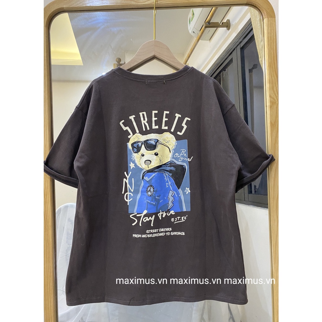 Áo phông 3158 in hình gấu Streets chất tuyết nhung unisex cho nam và nữ, áo đôi nam nữ