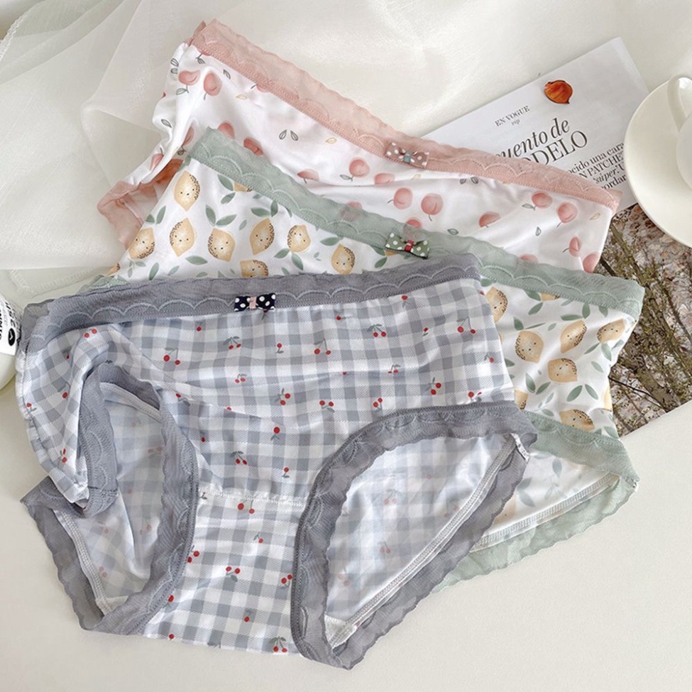 Quần Lót Phối Ren Họa Tiết Trái Cherry Đính Nơ Chất Liệu Co Giãn Thoáng Khí Thời Trang Hàn Quốc Cho Nữ nội y xanh chất c