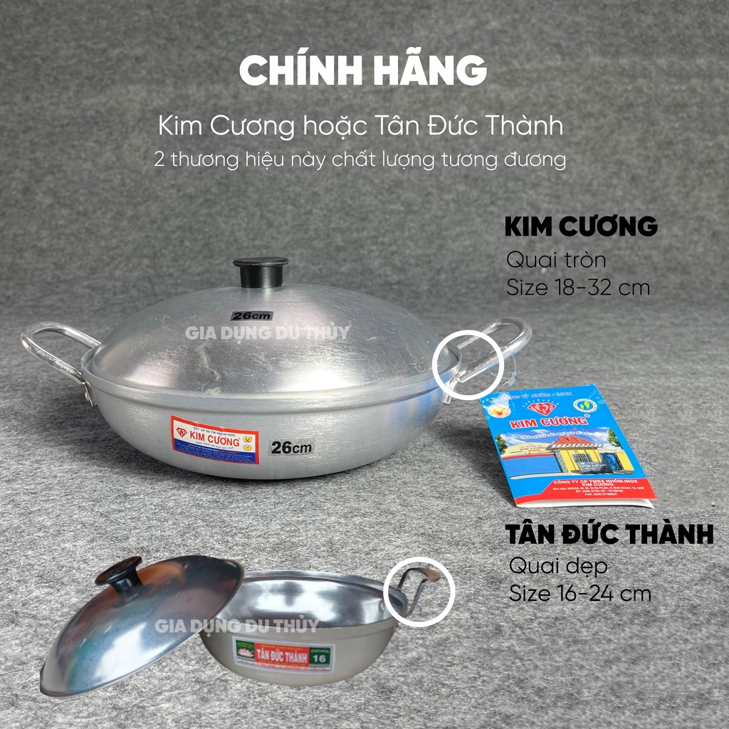 Chảo nhôm dày có nắp Tân Đức Thành, size 16 - 24cm, nắp có nút tay cầm cách nhiệt, nhôm của gia dụng Du Thủy