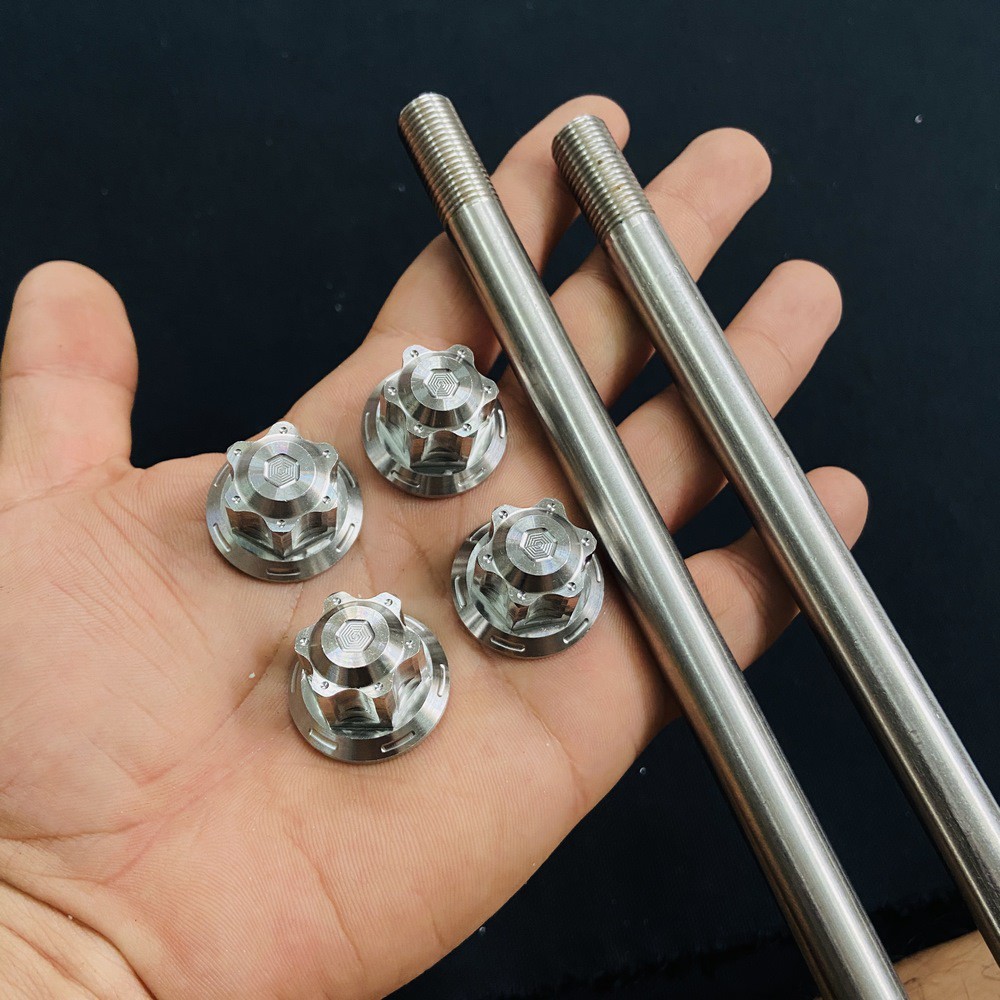 CỐT TRỤC BÁNH SALAYA KÈM TÁN TRƯỚC SAU CHO CÁC XE SATRIA Fi, RAIDER Fi ( BAO SÁNG BÓNG )