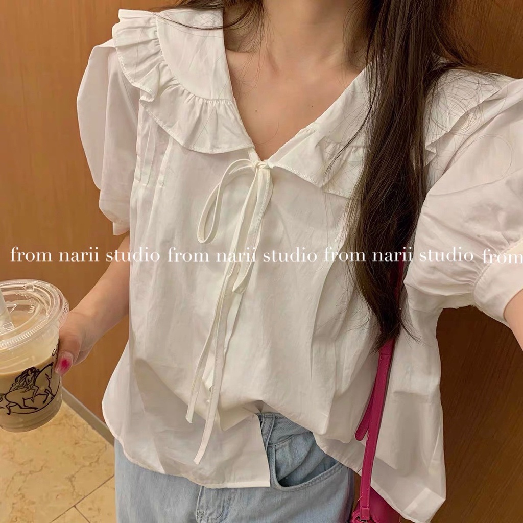 Áo sơ mi nữ tay dài NARII áo babydoll trắng chiffon nữ ulzzang Hàn bồng