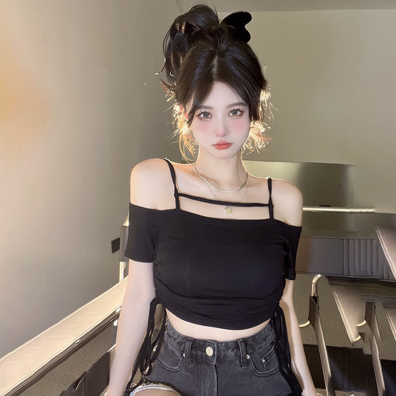 Áo Thun Crop Top Tay Ngắn Mềm Trễ Vai Cột Dây Dáng Ôm Phong Cách Hàn Quốc