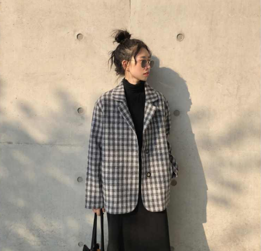 Áo Blazer New Korean Version Ins Mid-length Loose Fashion Retro Casual Plaid Suit Jacket Women
