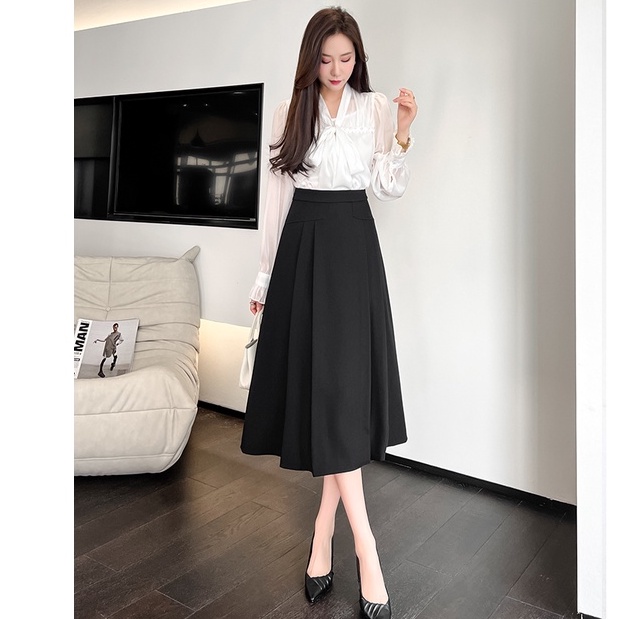 Chân váy midi dáng dài qua gối thời trang công sở đẹp phối 4 li 2 túi giả d68cm