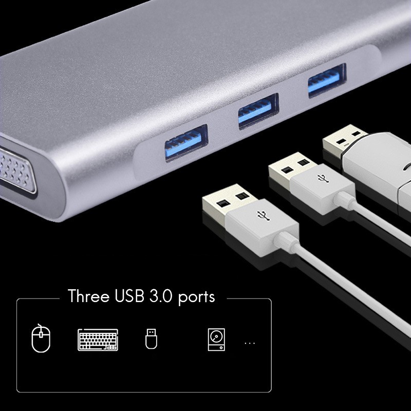 Bộ Sạc Nhanh 10 Trong 1 Chuyển Đổi Cổng Type-C Sang Hdmi / Vga / Usb 3.0 / Gigabit Ethernet / Tf / Sd / Pd